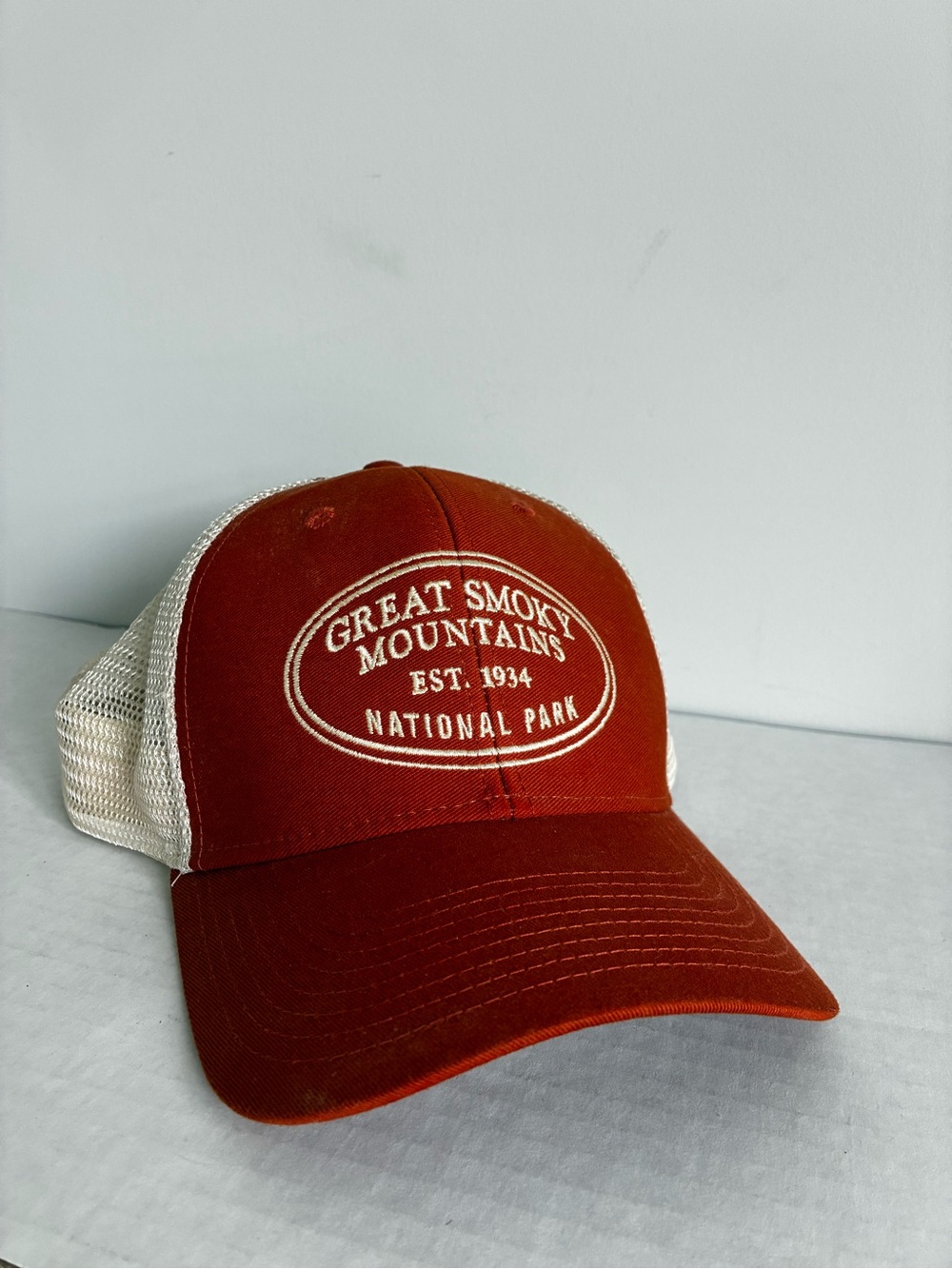 Great Smoky Mountains Association Mesh Trucker Hat Burnt Orange/White 65% Cotton
